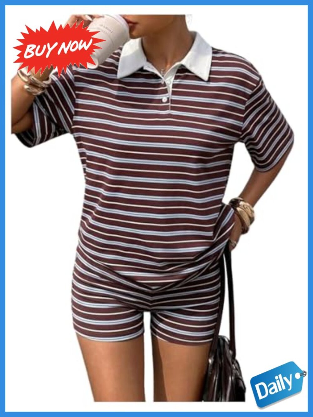 Striped Two-Piece Short Set with Drop Shoulder Tee and Pull-On Shorts